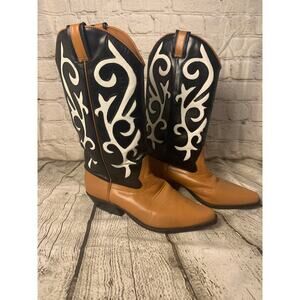 O-Crossbill Leather Black White Inlay Tan Cowboy Western Boots, Size 6.5